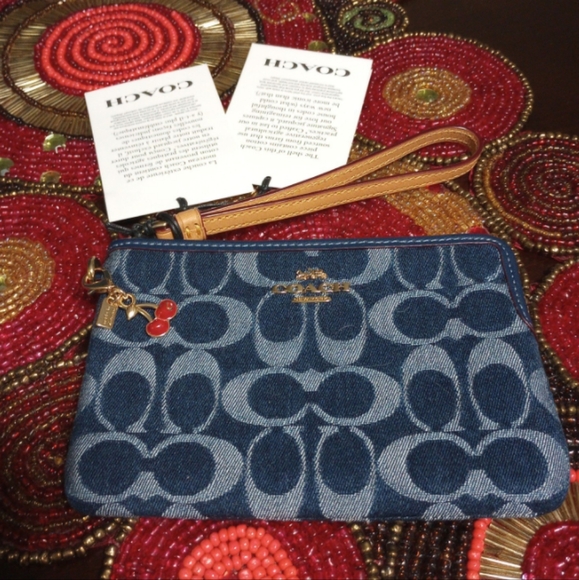 Coach Denim Corner Zip Wristlet With Cherry Charm - Picture 10 of 16